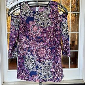 Tacera Cold Shoulder Vibrant Multi-Colored Design Blouse, Size S